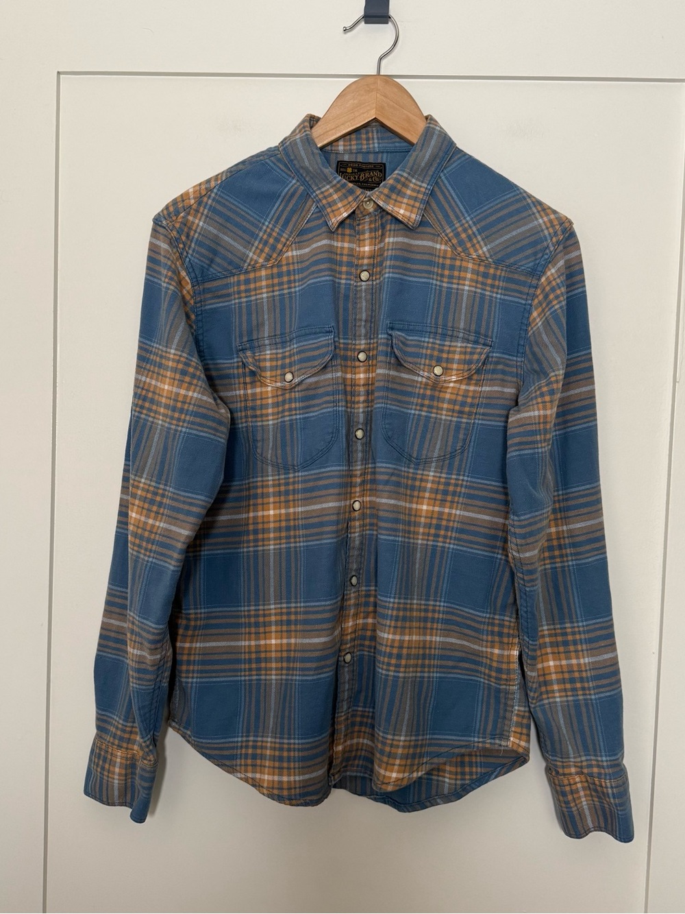 Lucky Brand Flannel Shirt Womens Sz S Blue Plaid Pearl Snap Long Sleeve Western